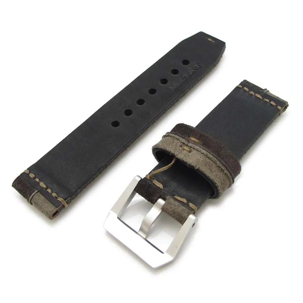 24mm MiLTAT Khaki   D Brown Ridge Design Suede watch strap, Olive Hand Stitch
