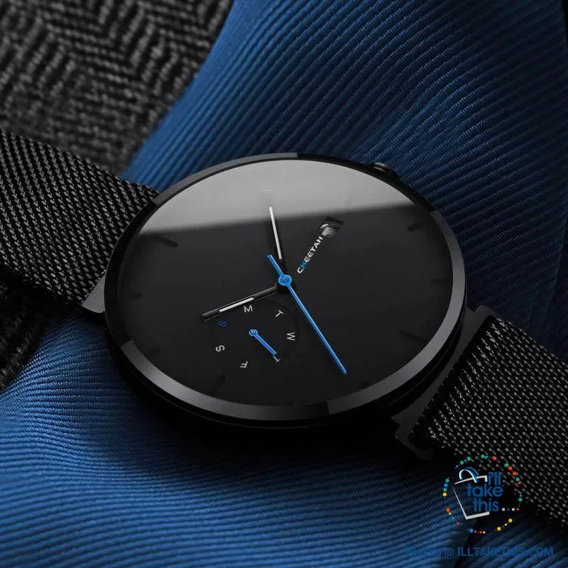 Ambassador Blue Point Ultra Sleek Men's Wristwatch all Black with Mesh Stainless Wristband