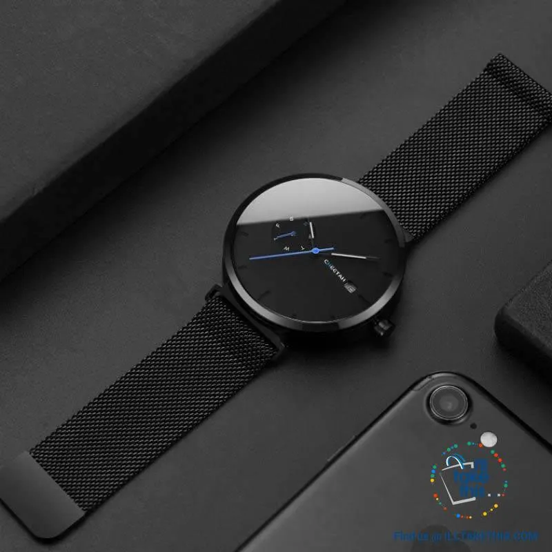 Ambassador Blue Point Ultra Sleek Men's Wristwatch all Black with Mesh Stainless Wristband