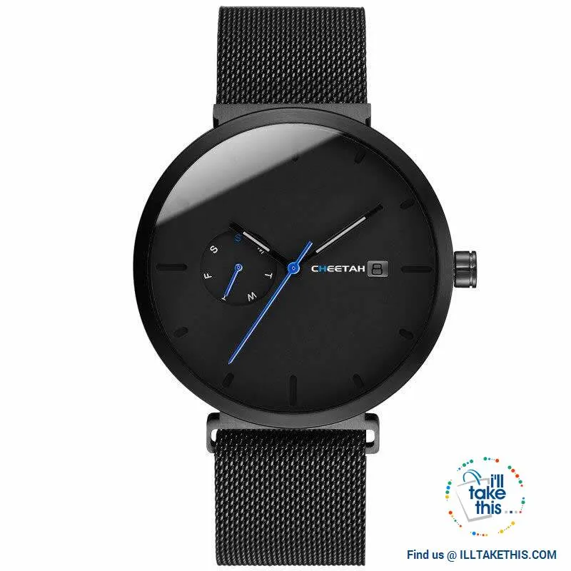 Ambassador Blue Point Ultra Sleek Men's Wristwatch all Black with Mesh Stainless Wristband