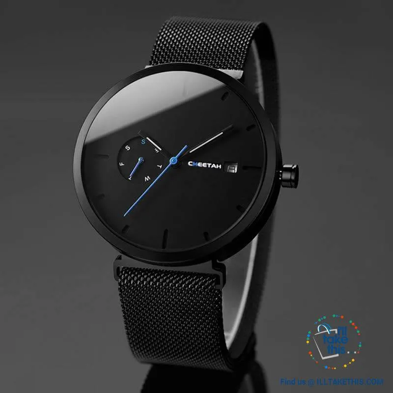 Ambassador Blue Point Ultra Sleek Men's Wristwatch all Black with Mesh Stainless Wristband