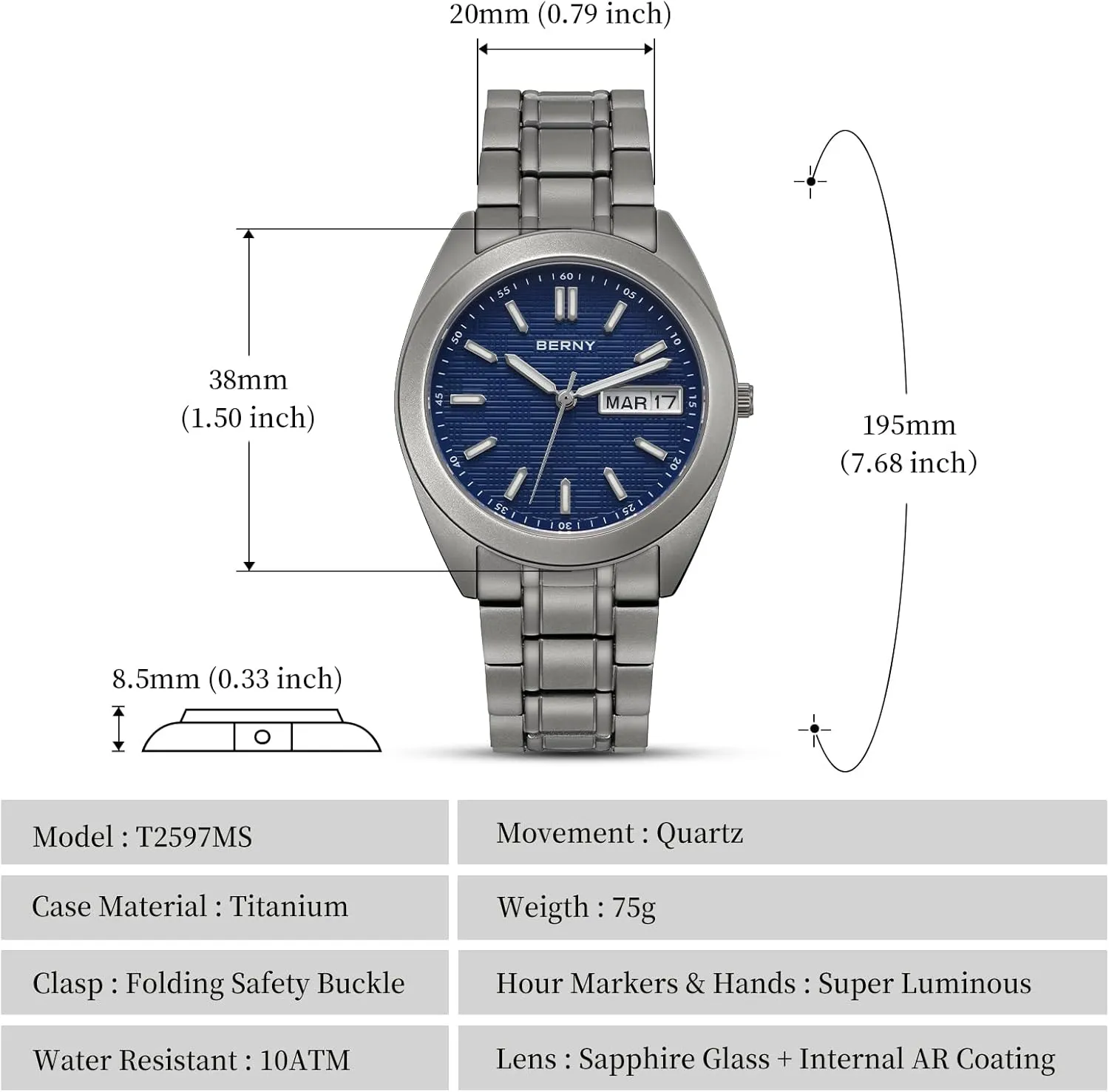 BERNY Titanium Watch for Men Japanese Quartz Movement Analog Quartz Watches Super Luminous Sapphire Glass 10ATM Waterproof