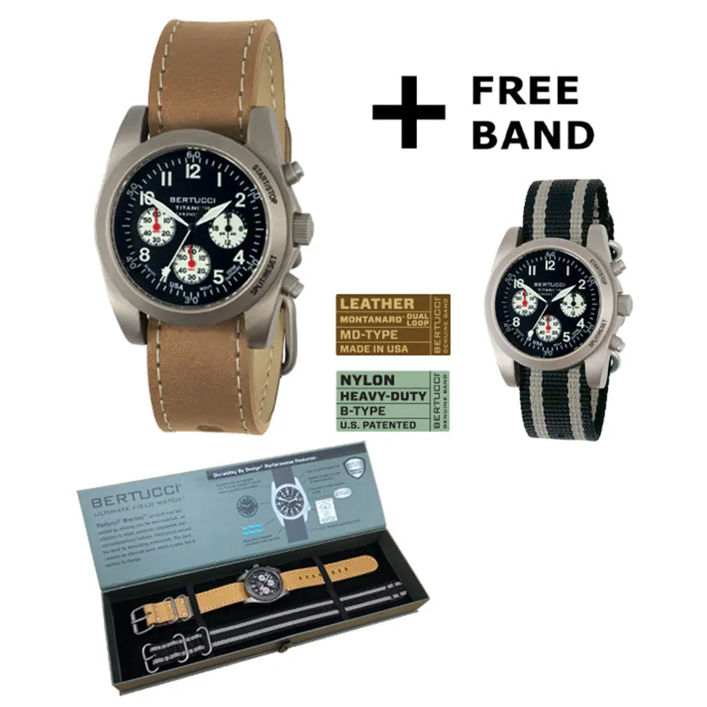 Bertucci Mens A-11T Americana Black Dial Canoe Matte Horween Analine Latigo Leather Band Chronograph Watch - 13347