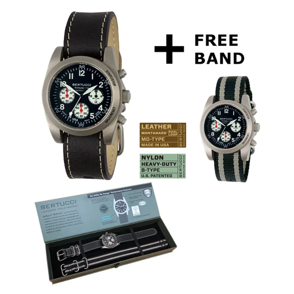 Bertucci Mens A-11T Americana Black Dial Matte Horween Analine Latigo Leather Band Chronograph Watch - 13345