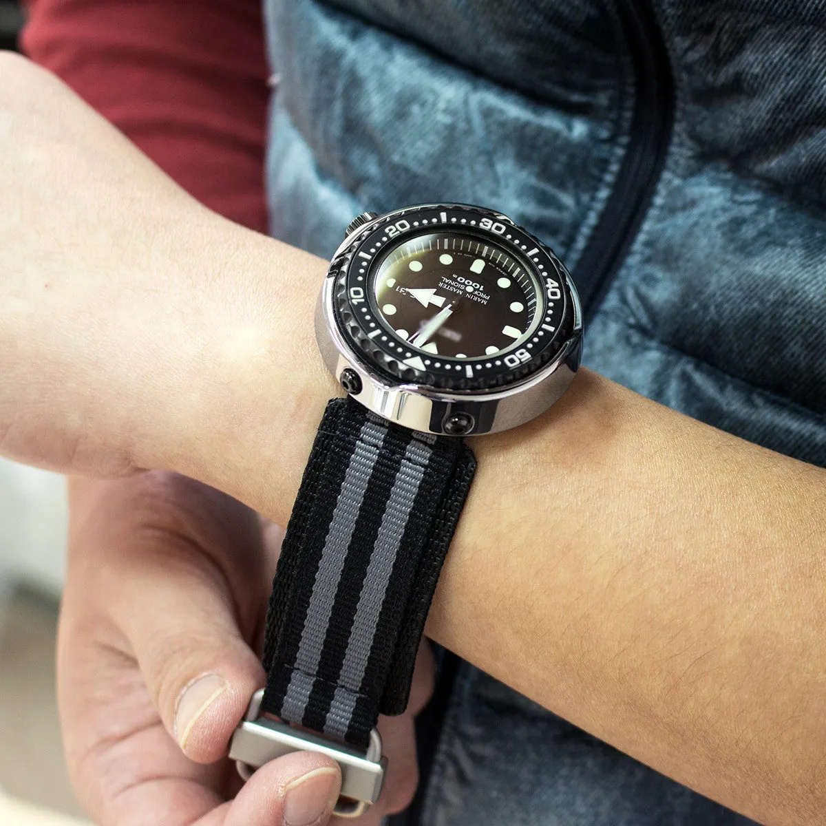 Black & Grey Nylon Hook-and-loop watch strap, Sandblasted