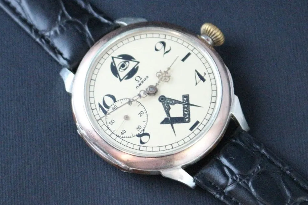 Custom Wristwatch Using 1910 Omega Pocket Watch Movement And Pure Silver Case Freemason White Dial