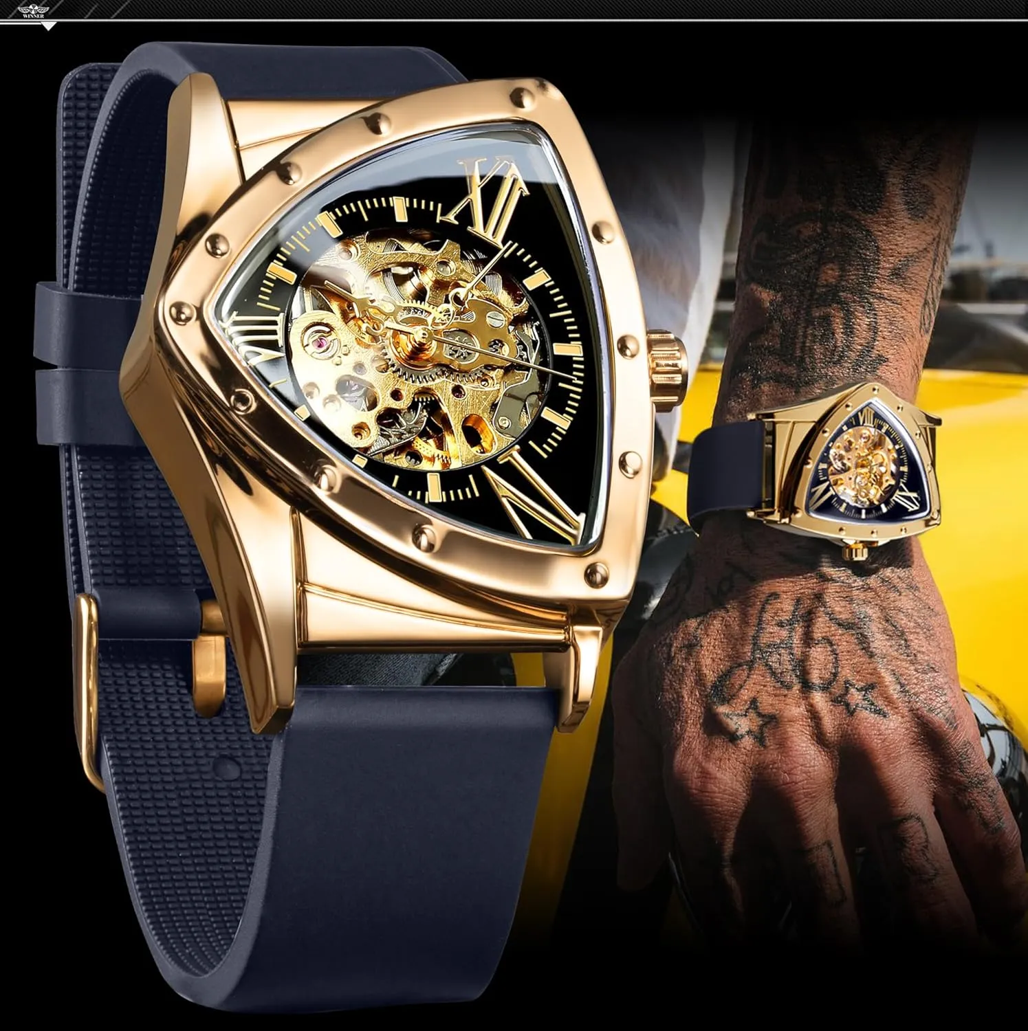 FORSINING Skeleton Watches for Men, Automatic Mechanical Watch with Triangle Dial, Luminous Self Winding Watches Soft Silicone Strap
