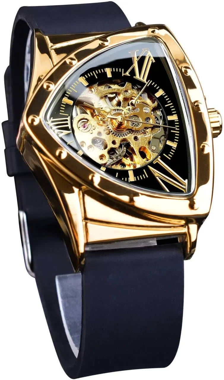 FORSINING Skeleton Watches for Men, Automatic Mechanical Watch with Triangle Dial, Luminous Self Winding Watches Soft Silicone Strap