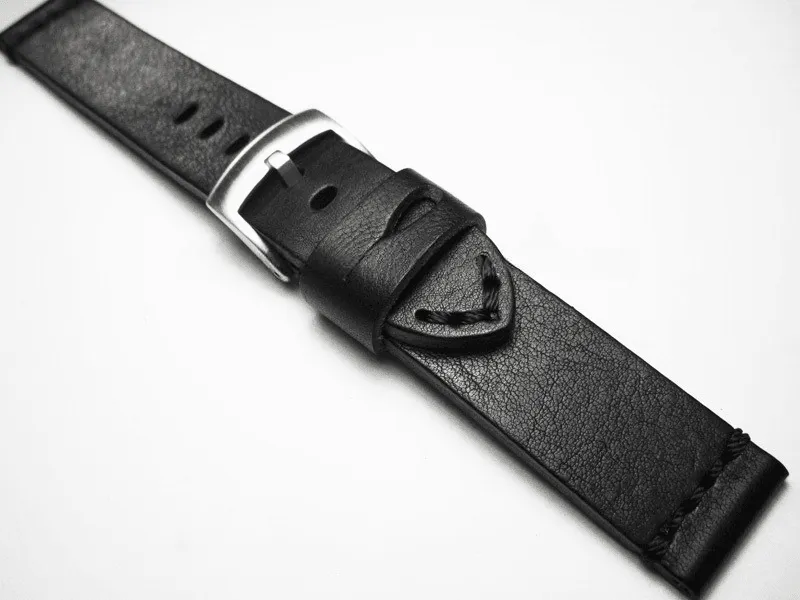 Handmade Black Italian Calfskin Watch Strap and White Stitches 20mm Diving Watch Mountaineering Watch