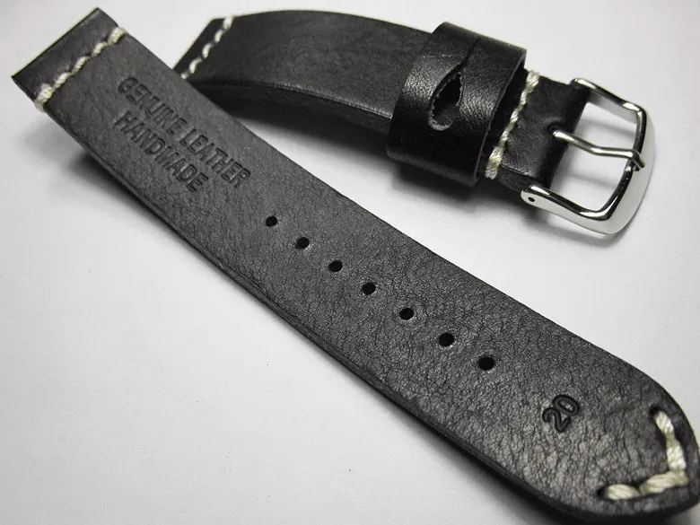 Handmade Black Italian Calfskin Watch Strap and White Stitches 20mm Diving Watch Mountaineering Watch