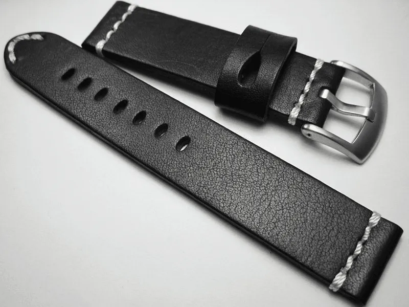 Handmade Black Italian Calfskin Watch Strap and White Stitches 20mm Diving Watch Mountaineering Watch