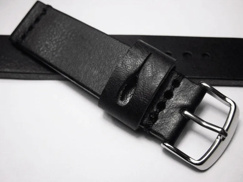 Handmade Black Italian Calfskin Watch Strap and White Stitches 20mm Diving Watch Mountaineering Watch