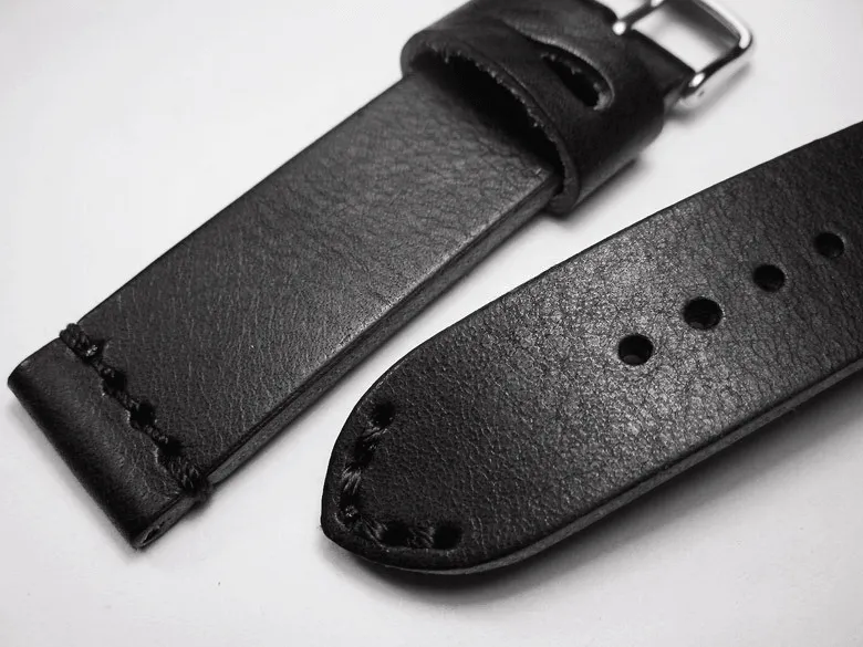 Handmade Black Italian Calfskin Watch Strap and White Stitches 20mm Diving Watch Mountaineering Watch