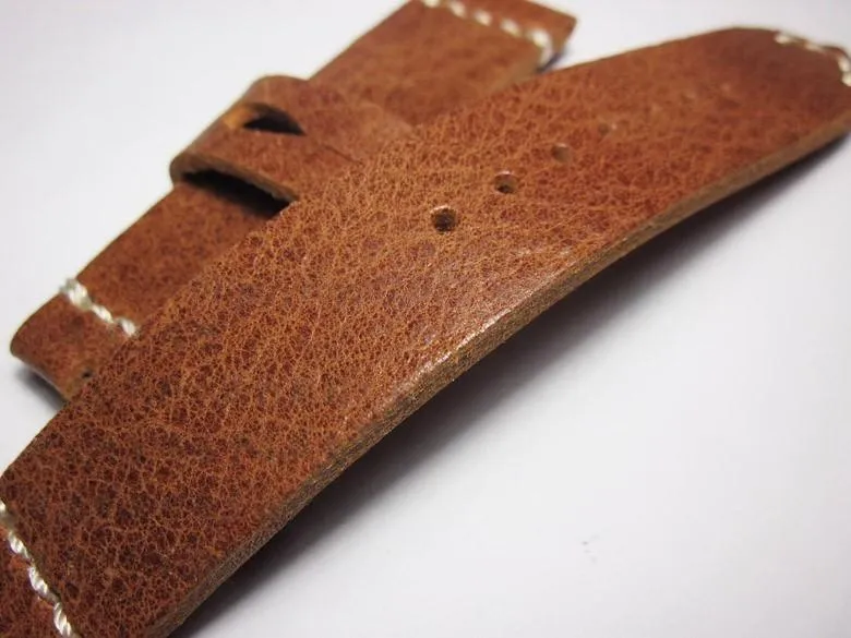 Handmade Brown Italian Calfskin Watch Strap and White Stitches 20mm Diving Watch Mountaineering Watch