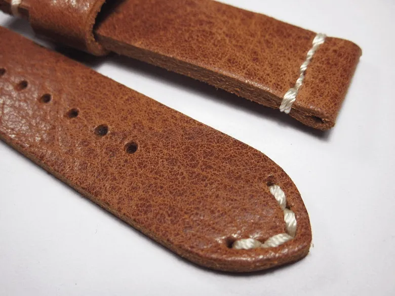 Handmade Brown Italian Calfskin Watch Strap and White Stitches 20mm Diving Watch Mountaineering Watch