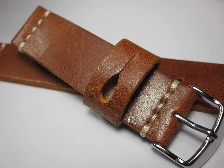 Handmade Brown Italian Calfskin Watch Strap and White Stitches 20mm Diving Watch Mountaineering Watch