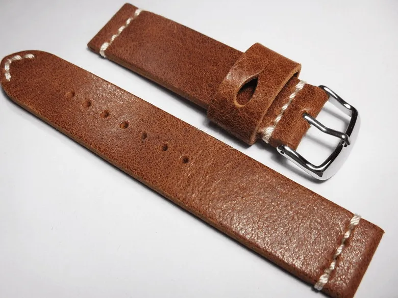 Handmade Brown Italian Calfskin Watch Strap and White Stitches 20mm Diving Watch Mountaineering Watch