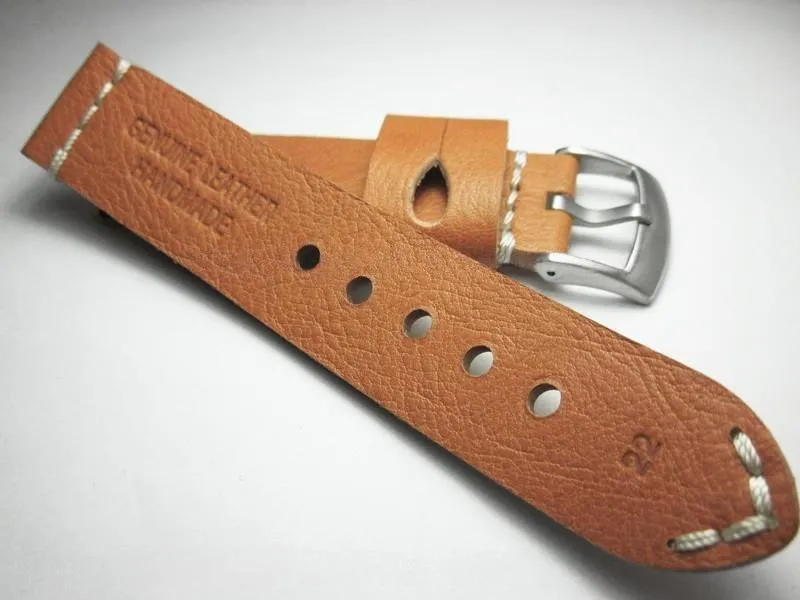 Handmade Brown Italian Calfskin Watch Strap and White Stitches 22mm Diving Watch Mountaineering Watch