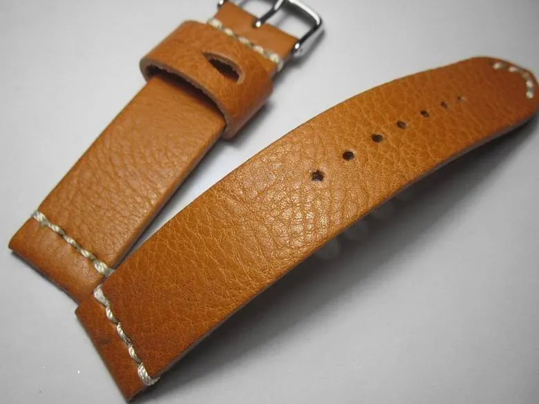 Handmade Brown Italian Calfskin Watch Strap and White Stitches 22mm Diving Watch Mountaineering Watch