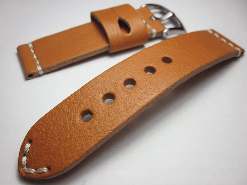 Handmade Brown Italian Calfskin Watch Strap and White Stitches 22mm Diving Watch Mountaineering Watch