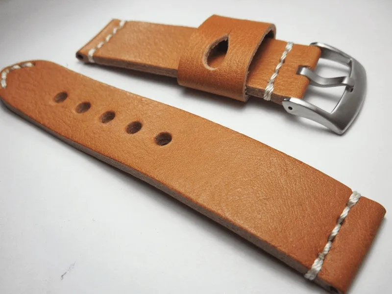 Handmade Brown Italian Calfskin Watch Strap and White Stitches 22mm Diving Watch Mountaineering Watch