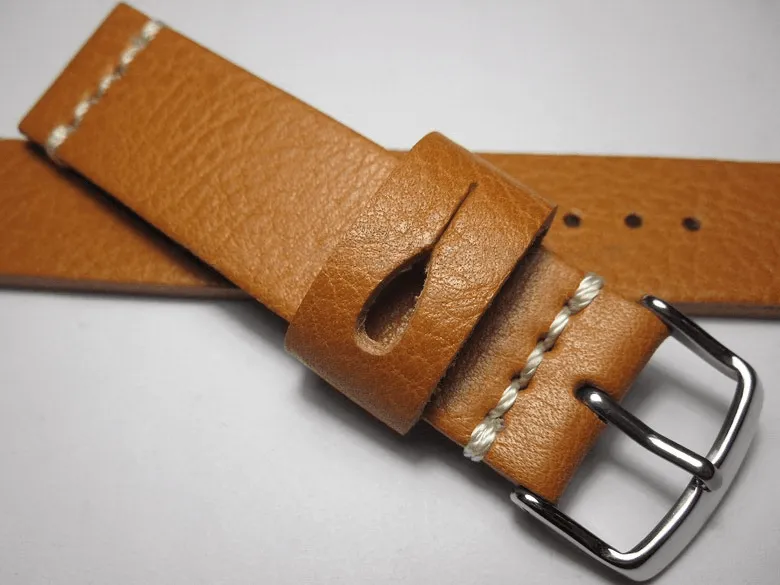 Handmade Brown Italian Calfskin Watch Strap and White Stitches 22mm Diving Watch Mountaineering Watch