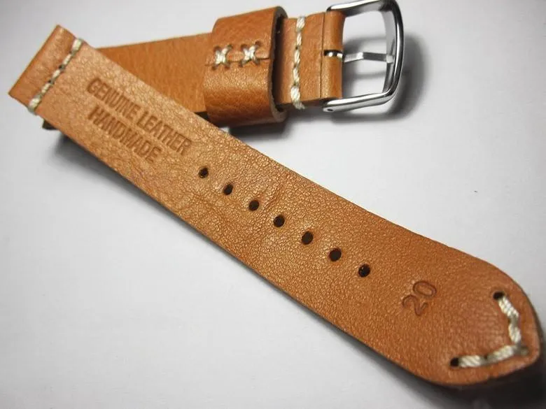 Handmade Brown Italian Calfskin Watch Strap and White Stitches 22mm Diving Watch Mountaineering Watch