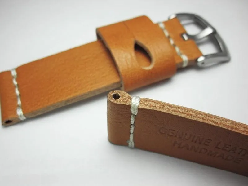 Handmade Brown Italian Calfskin Watch Strap and White Stitches 22mm Diving Watch Mountaineering Watch