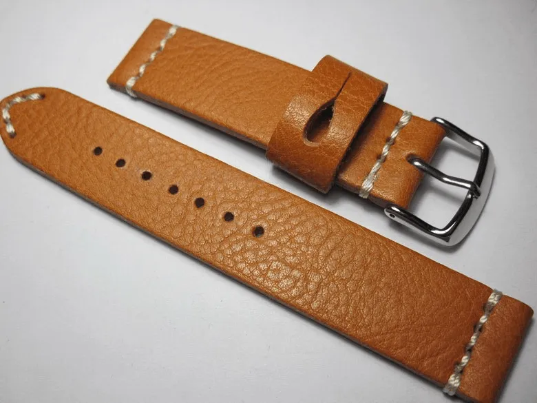 Handmade Brown Italian Calfskin Watch Strap and White Stitches 22mm Diving Watch Mountaineering Watch