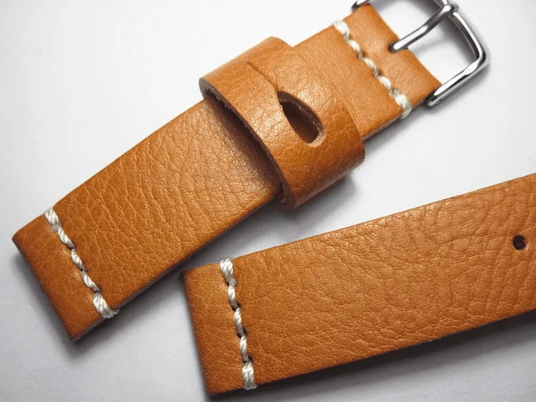 Handmade Brown Italian Calfskin Watch Strap and White Stitches 22mm Diving Watch Mountaineering Watch