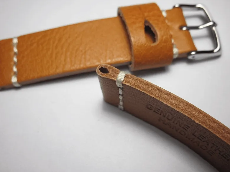 Handmade Brown Italian Calfskin Watch Strap and White Stitches 22mm Diving Watch Mountaineering Watch