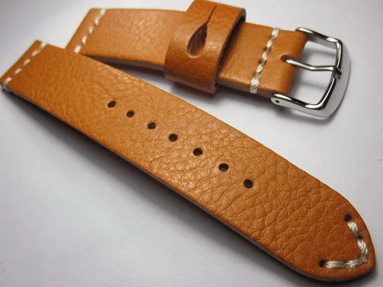 Handmade Brown Italian Calfskin Watch Strap and White Stitches 22mm Diving Watch Mountaineering Watch