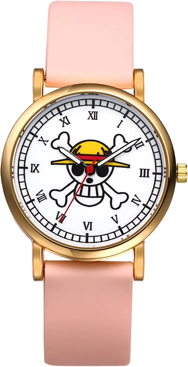 JewelryWe Black Cute Anime Watch: Men Women Simulated Quartz Skull Decorated Ultra-Thin Watch with Roman Scale Eco-Friendly Silicone Strap Watch