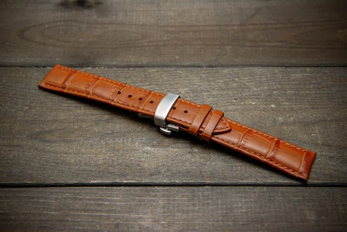 Leather watch strap, band made of calf leather with croc grain pattern 18-24 mm. Deployment clasp.