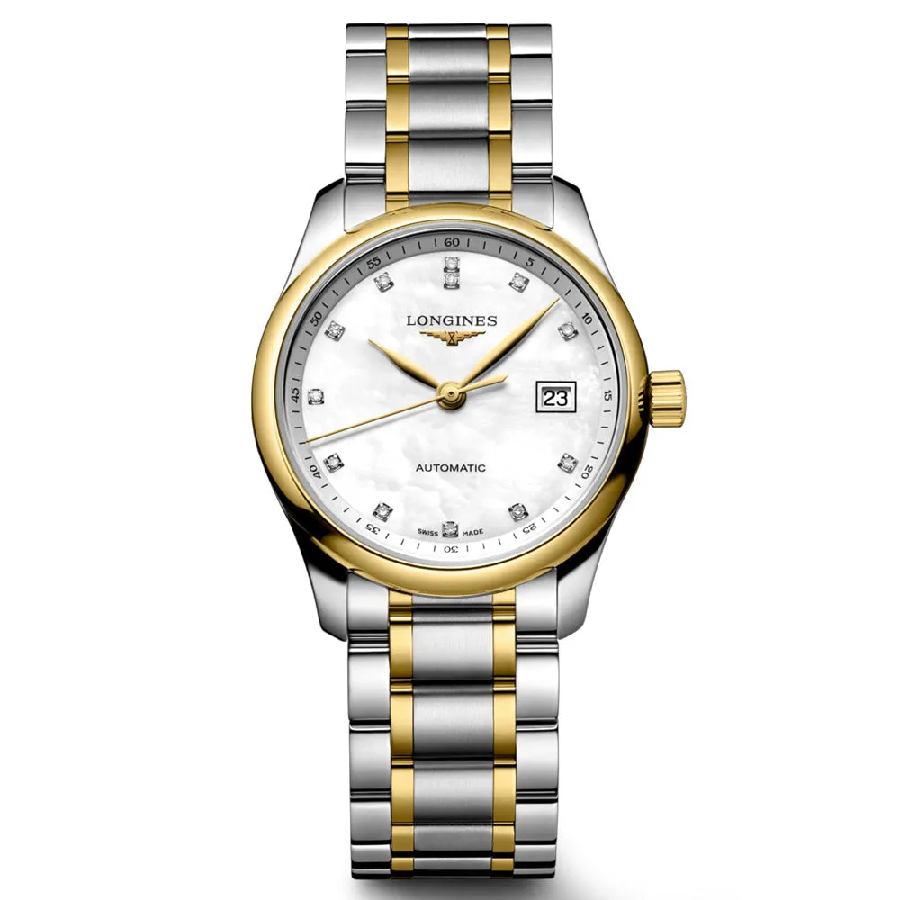 Longines Master Collection 29mm MOP Diamond Dot Dial 18ct Gold Capped Steel Automatic Ladies Watch L2.257.5.87.7