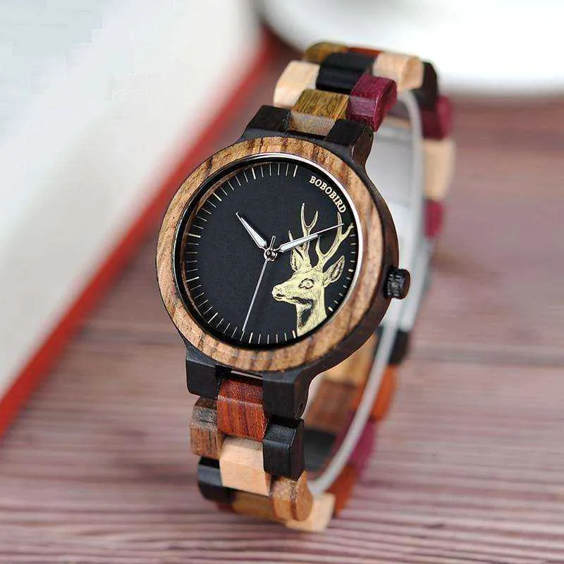Lovers' Casual Quartz Elk Design Natural Wooden Watches with Mixed Colorful Wood Band