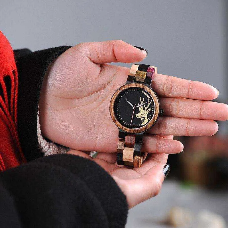 Lovers' Casual Quartz Elk Design Natural Wooden Watches with Mixed Colorful Wood Band