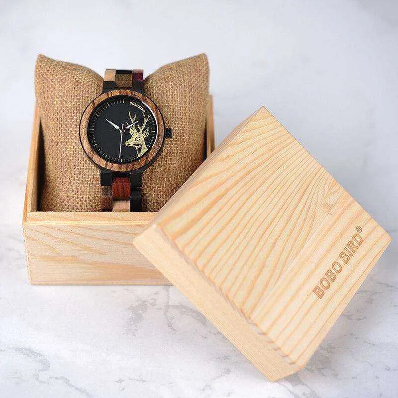 Lovers' Casual Quartz Elk Design Natural Wooden Watches with Mixed Colorful Wood Band
