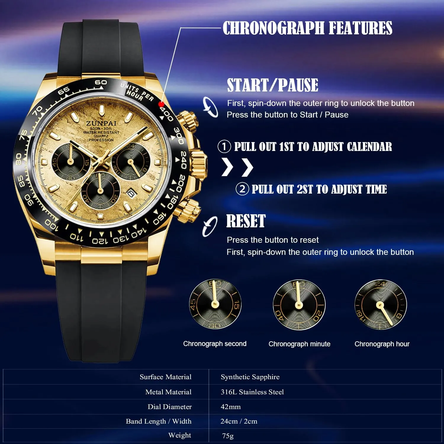 Men's Watch Panda Chronograph Dial Fashion Quartz Movement Wrist Watch Analog Business Waterproof Scratch Resistant Silicone Strap Rubber Band Sports Watches for Men