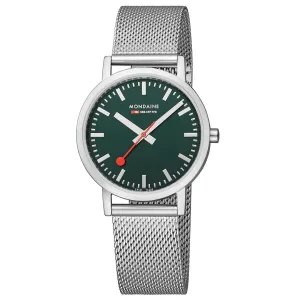 MONDAINE CLASSIC FOREST GREEN PETITE SILVER-CASE WATCH A660.30314.60SBJ  36MM