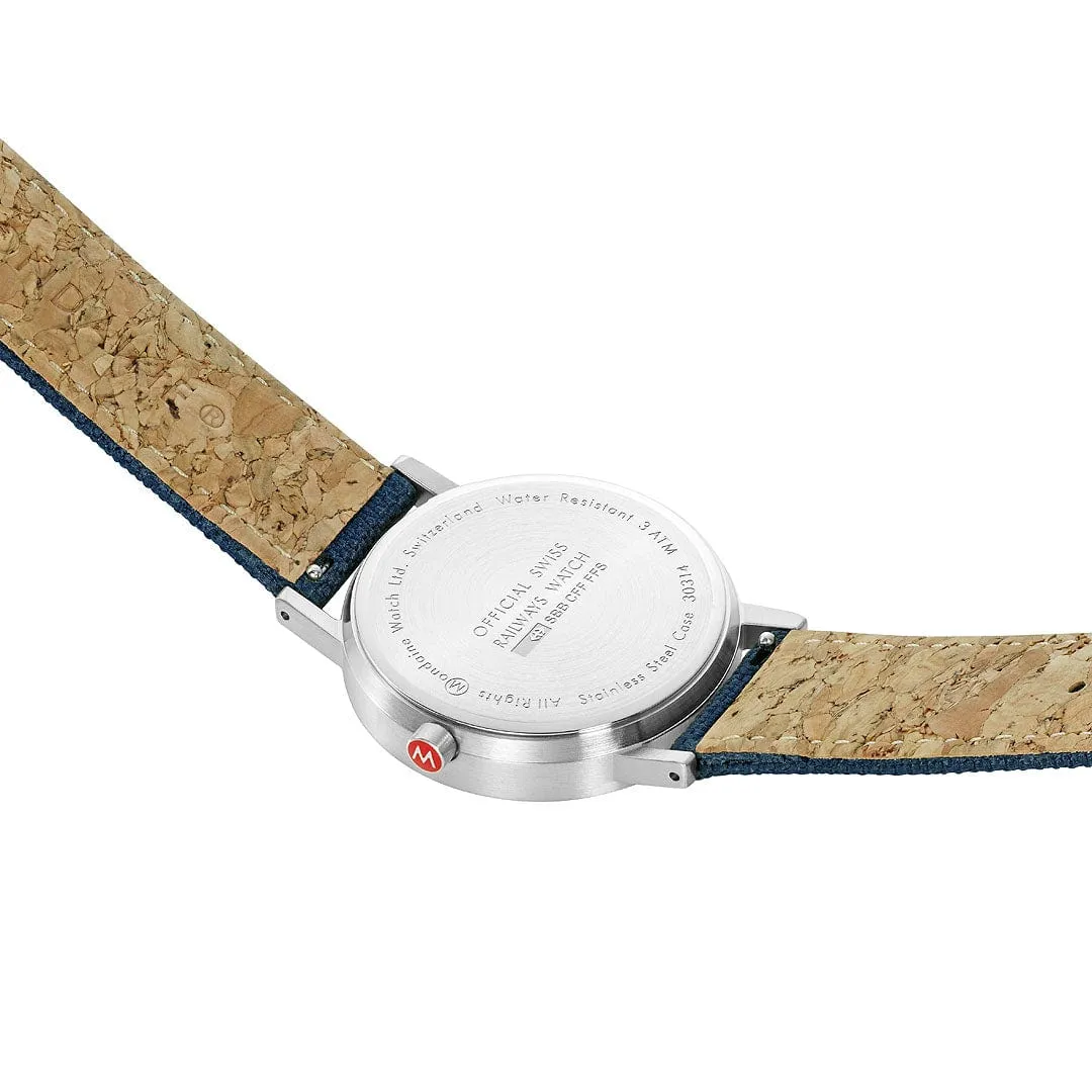 MONDAINE CLASSIC PETITE SILVER-CASE WATCH WITH DEEP OCEAN BLUE SUSTAINABLE-STRAP A660.30314.40SBD  36MM