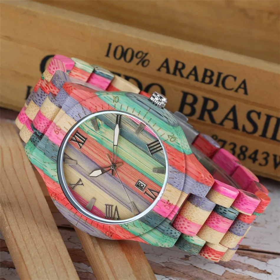Natural Multi-Colored Bracelet Lovers New Concept Wood Wristwatch