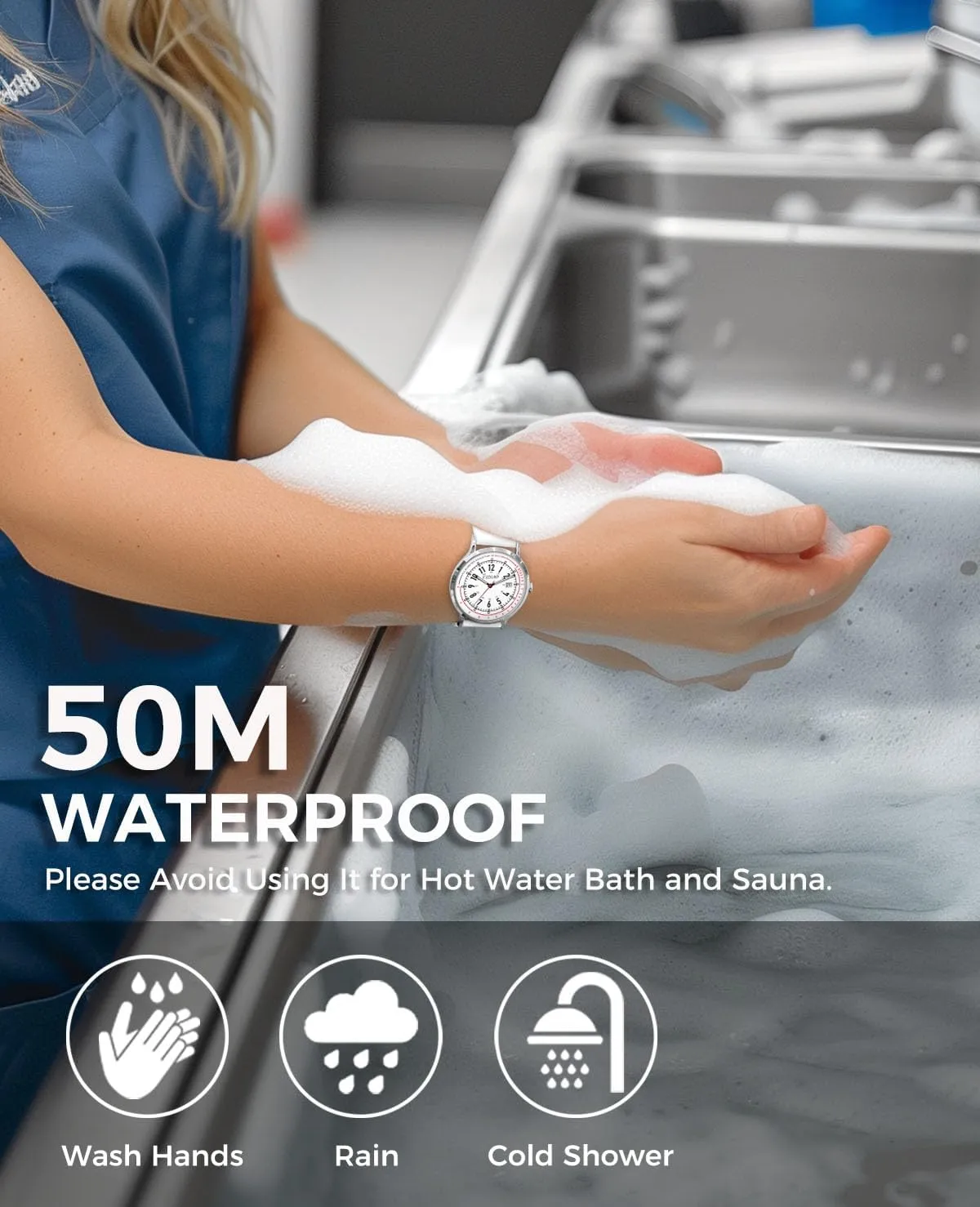 Nurse Watch Pulsometer Unisex, 50M Waterproof Watches for Swimming 12/24 Hour Military Time Luminouse Easy Read Dial