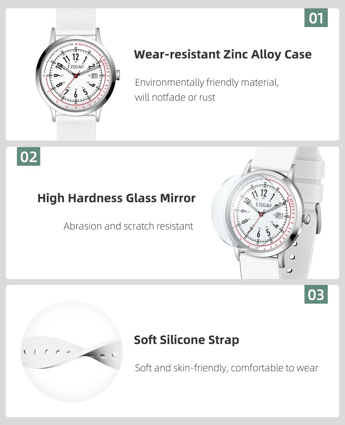 Nurse Watch Pulsometer Unisex, 50M Waterproof Watches for Swimming 12/24 Hour Military Time Luminouse Easy Read Dial
