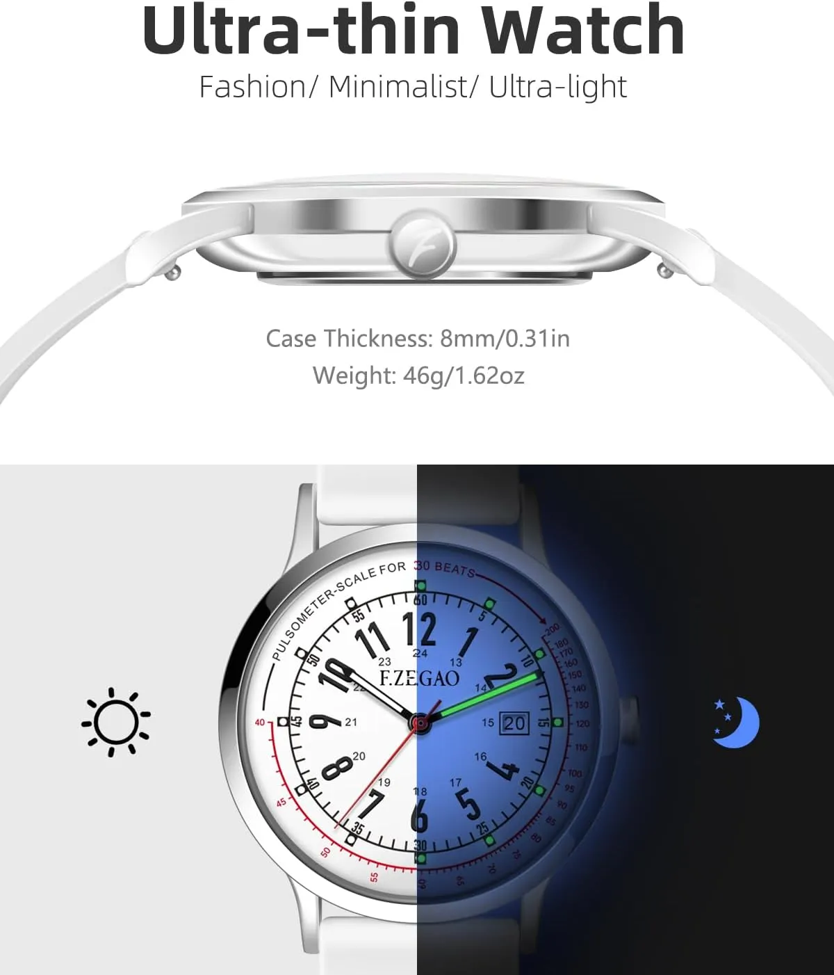 Nurse Watch Pulsometer Unisex, 50M Waterproof Watches for Swimming 12/24 Hour Military Time Luminouse Easy Read Dial