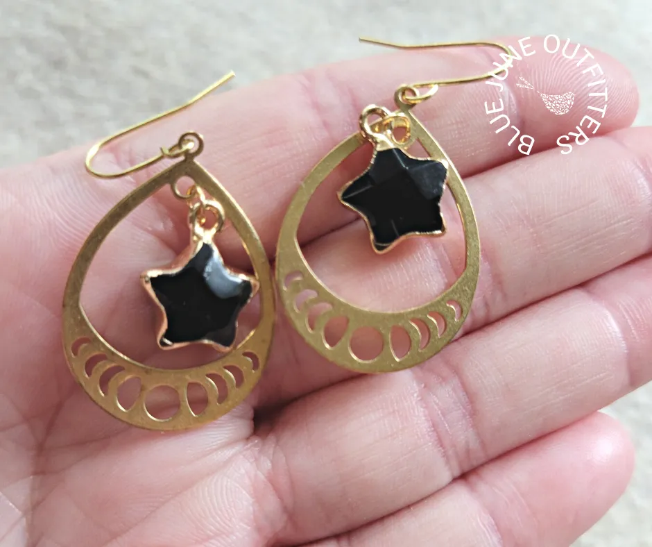 Obsidian Star & Moon Phase Earrings
