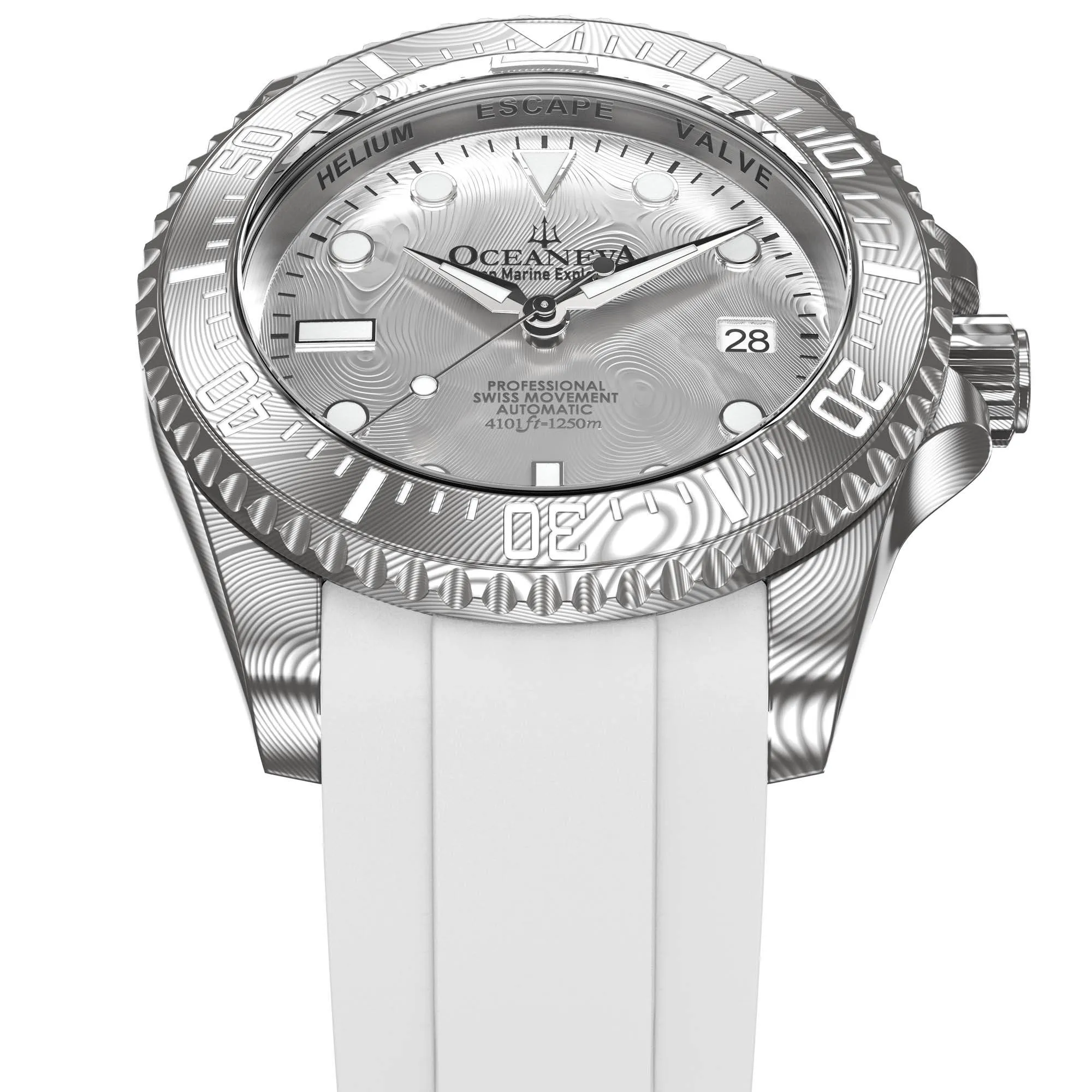 Oceaneva Mens Deep Marine Explorer II Silver Damascus Steel Dial Watch White Rubber