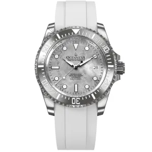 Oceaneva Mens Deep Marine Explorer II Silver Damascus Steel Dial Watch White Rubber