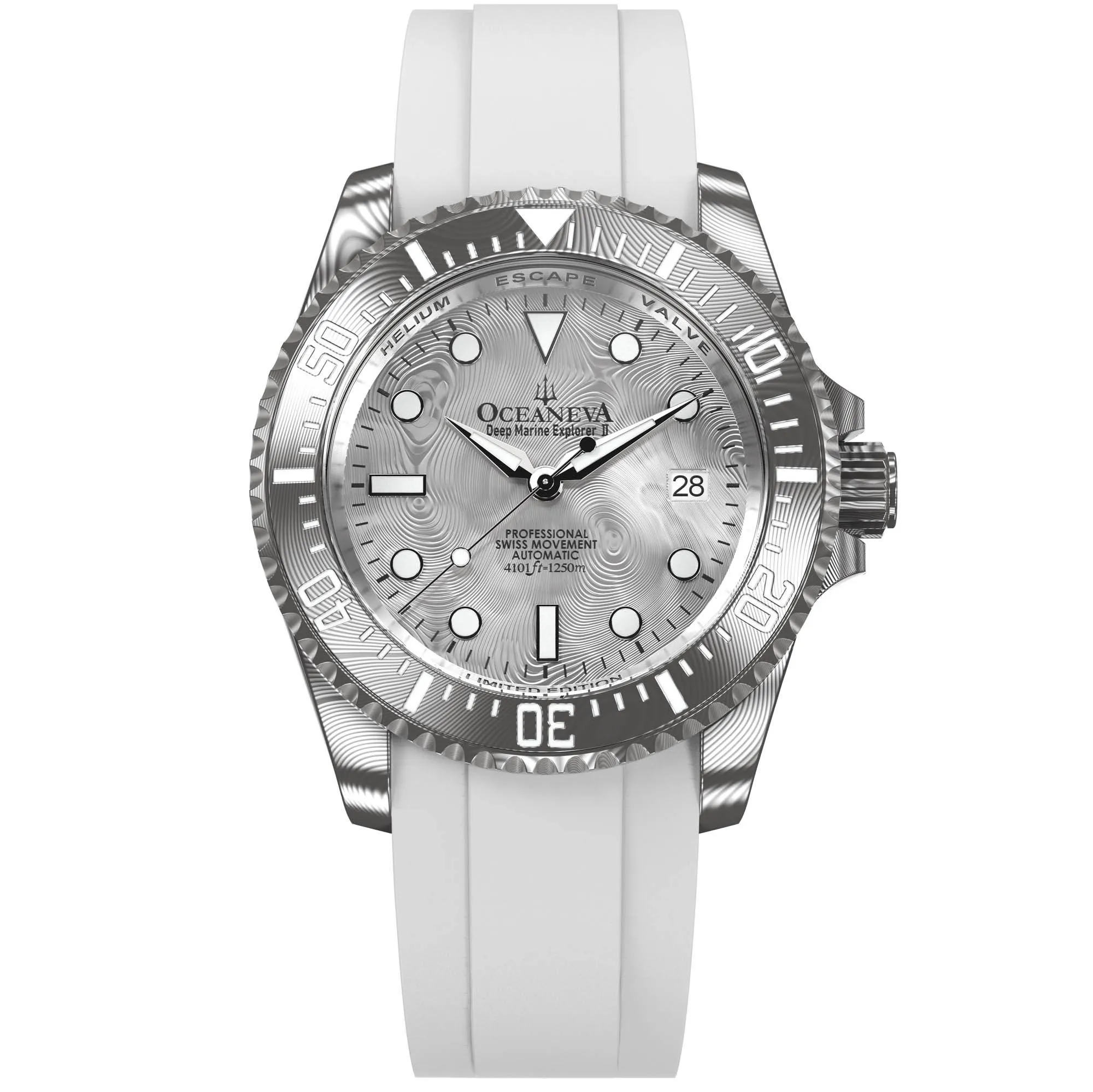 Oceaneva Mens Deep Marine Explorer II Silver Damascus Steel Dial Watch White Rubber