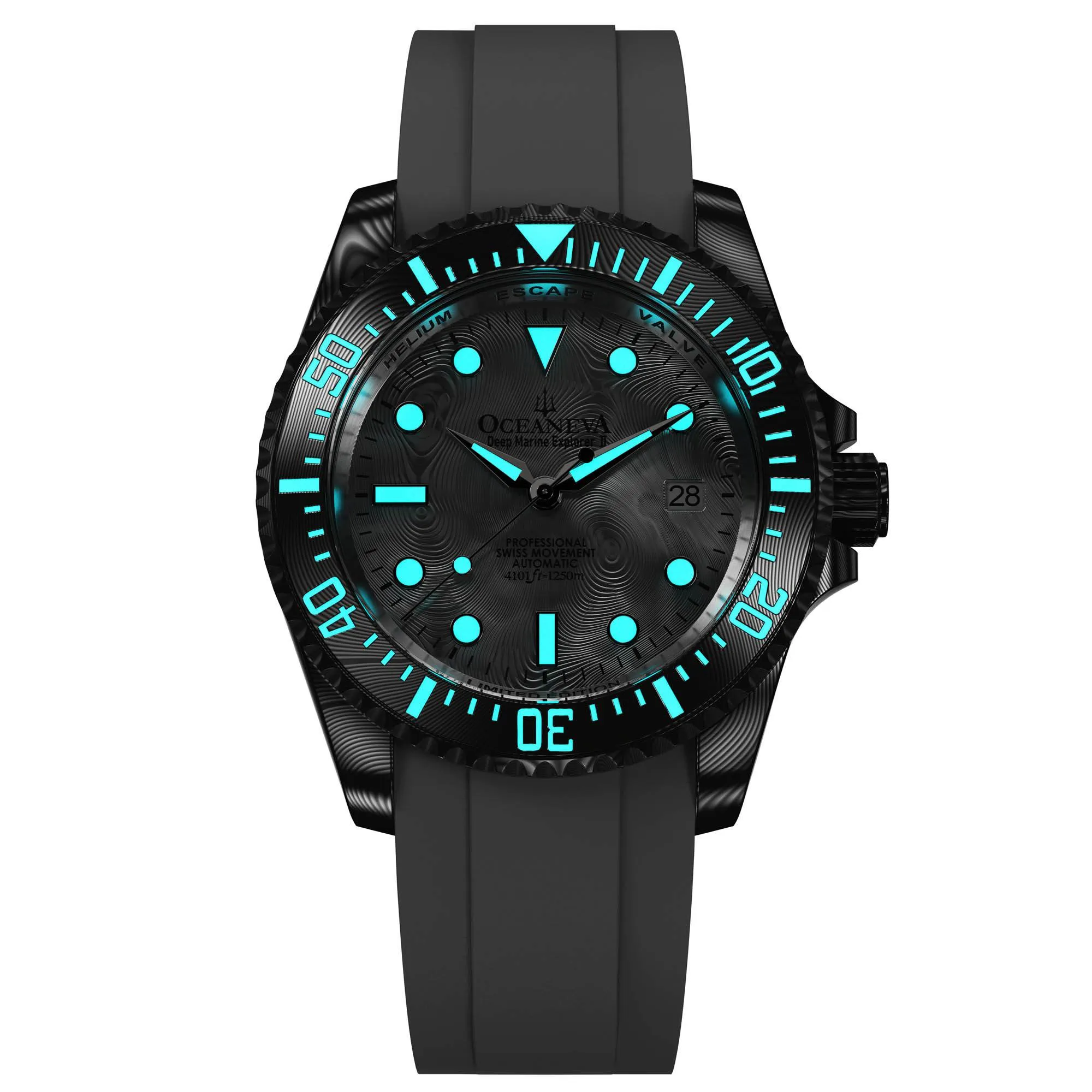 Oceaneva Mens Deep Marine Explorer II Silver Damascus Steel Dial Watch White Rubber